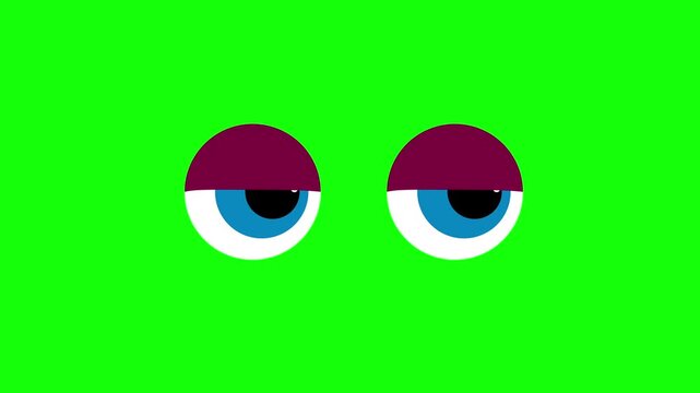 Animated Cartoon Eyes Blinking and Looking Around, Playful Character Expression and Emotion Animation on Green Screen Background