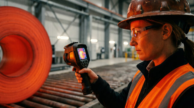 A steel mill maintenance engineer in a hard hat and reflective vest using a handheld thermal scanner to assess heat distribution across a fr