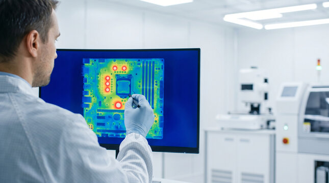 Over-the-shoulder angle of a circuit board production technician reviewing a thermal imaging scan of a completed motherboard on a monitor, t
