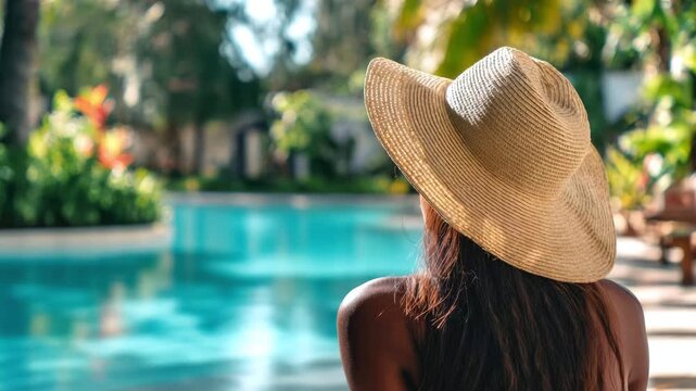 A young woman in a straw hat and swimsuit sits in front of a swimming pool at a luxury villa. Concept of summer resort, wellness, vacation