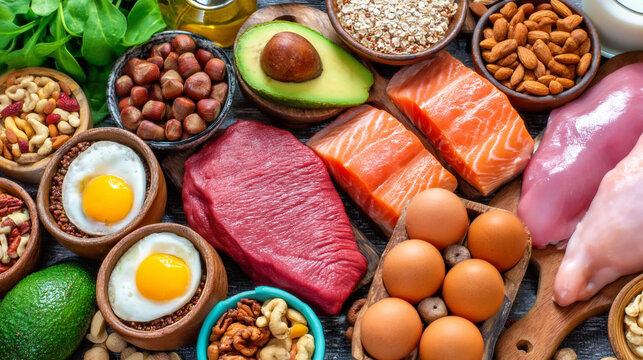 High protein healthy foods assortment including meat fish eggs nuts and avocado