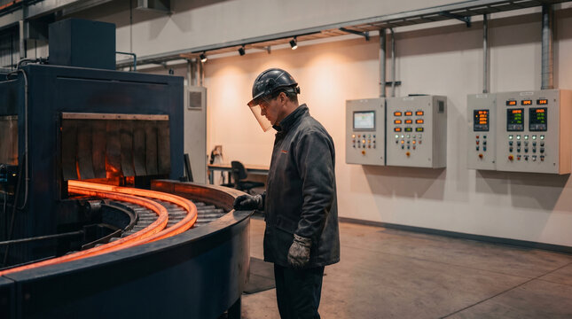 Steel mill worker at a continuous casting machine monitoring the controlled descent of solidifying steel billets through a curved guide sect