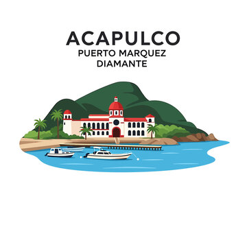 Flat Design Illustration of Acapulco Puerto Marquez Mexico Coast