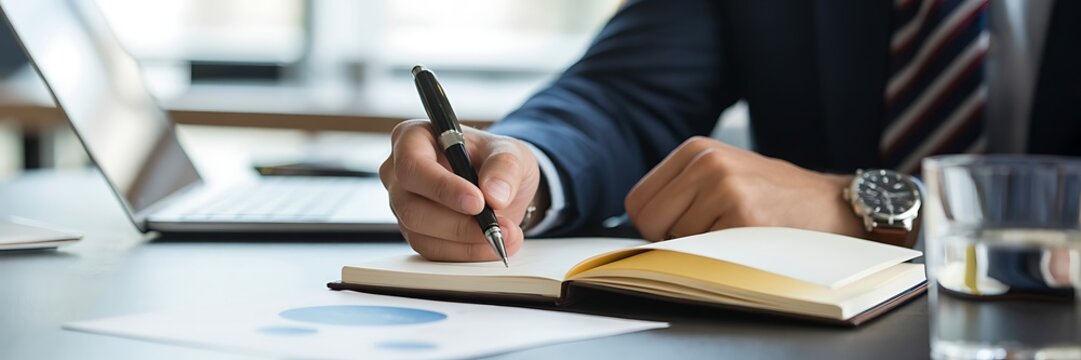 Businessman writing in notebook at office desk with laptop and documents