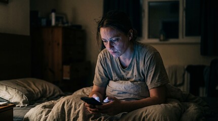 Fototapeta premium A tired young woman with dark circles under eyes using smartphone in bed at night