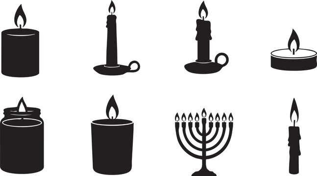 Black silhouette collection of various lit candles and a traditional menorah