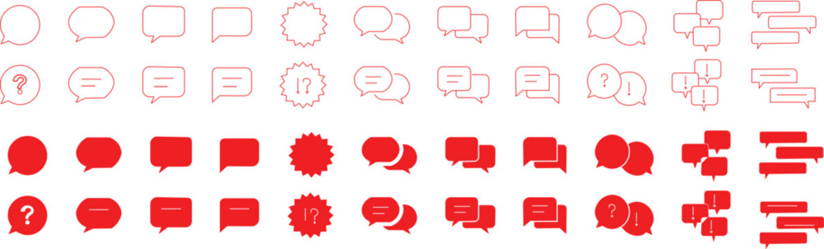 Mega Communication speech bubbles Icon Pack: Speech Bubbles, Chat Boxes, and Symbols. Vector balloons speak sign dialog. icons in monochrome vector format related to speech bubbles