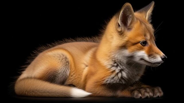 An adorable young red fox cub, a wild vulpes vulpes predator with soft fur and a white-tipped tail, sits for a cute nature portrait isolated on a white background