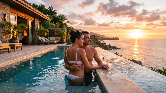 Couple with drinks in infinity pool beside seaside villa