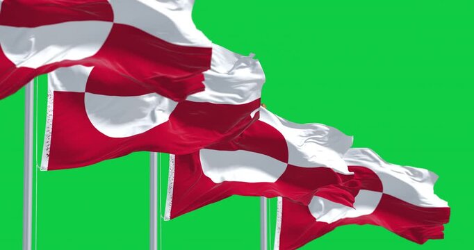 Flags of Greenland waving in the wind isolated on green background. Seamless 3D render animation. Chroma key. Slow motion loop. Green screen. 4K. Selective focus