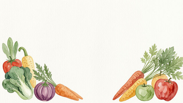 Watercolor vegetable corner border with carrots, tomatoes, onion, corn and leafy greens, leaving clean copy space for healthy food designs.
