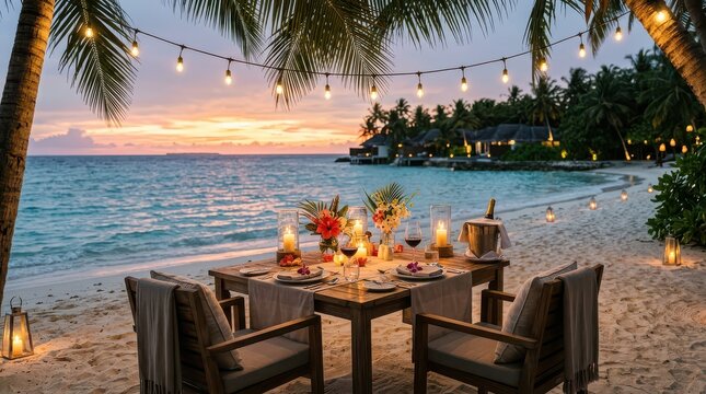 Tropical beach dinner table at sunset with candles and ocean view
