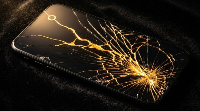 A cracked smartphone screen repaired with flowing liquid gold veins