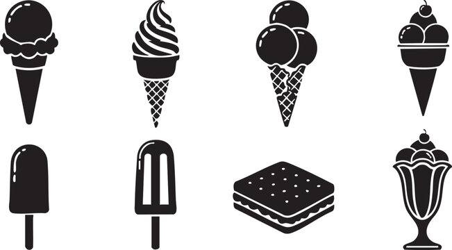 Black and white ice cream and frozen dessert icon set for summer treats