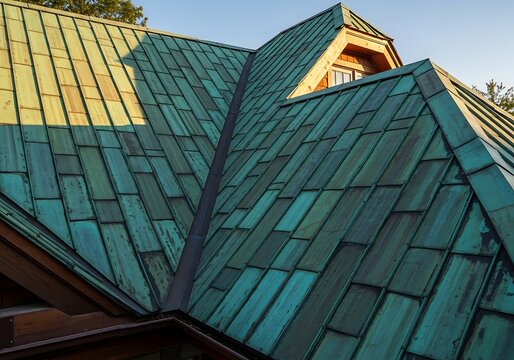 Unique green aged copper roof shingles with patina details and dormer