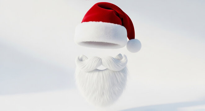 Red Santa Claus Hat and White Beard Mask Isolated on Clean White Background for Christmas