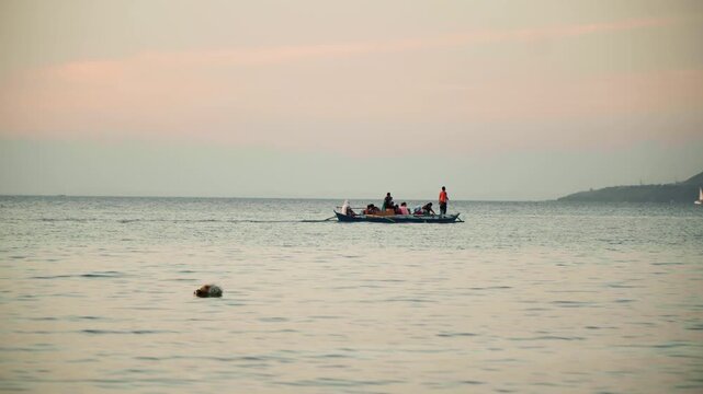 Boat couple tea ceremony at beach, soft pastel dusk light over calm sea, distant headland silhouette, small vessel with two figures sharing ritual, slow waves and gentle breeze create serene romantic
