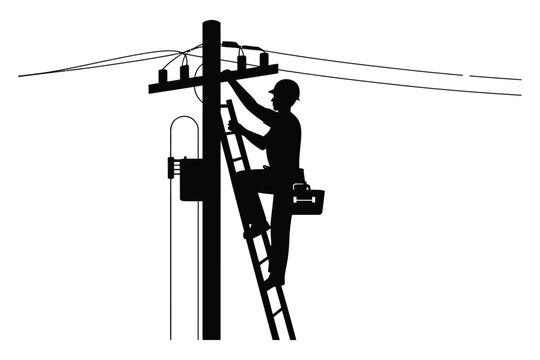 Detailed Industrial Silhouette of a Professional Utility Lineman Climbing a Ladder to Repair High Voltage Power Lines on a Tall Electric Utility Pole