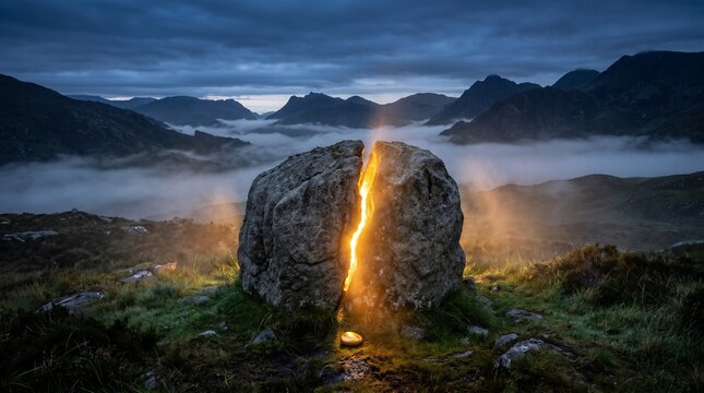 A cracked rock with gold glowing from inside the fracture, mountain setting