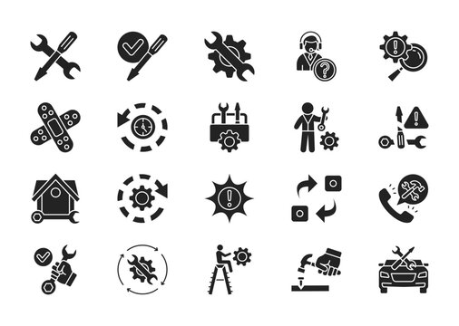 Repair thin glyph icon set. Containing repair, fix, maintenance, service, troubleshoot, patch, restore, toolbox, repairman