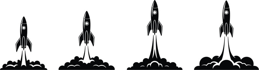 Fototapeta premium Space travel rocket launch illustrations and spaceship vector graphics for exploration science education and design project concepts