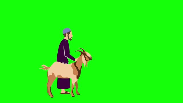Muslim Man with Sacrifice Goat for Eid al-Adha Animation on Green Screen Background