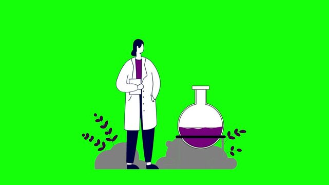 Scientist Analyzing Chemical Reaction with Bubbling Flask in Research Lab Animation on Green Screen Background