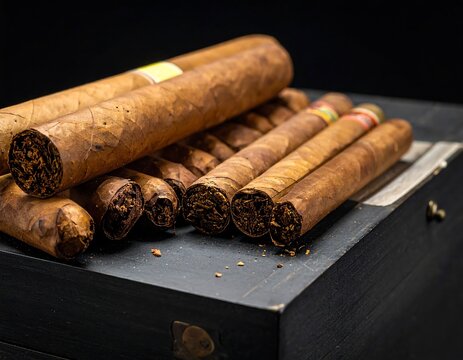 Cigars on dark wood.