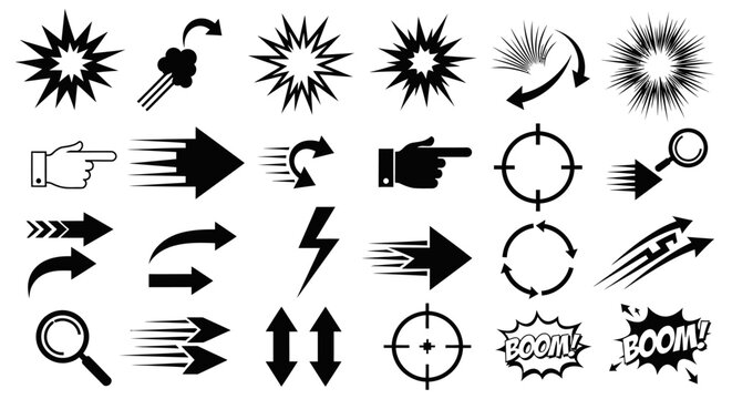 A collection of black and white vector icons featuring a set of arrow symbols and web navigation elements like play buttons and direction pointers for business interface design