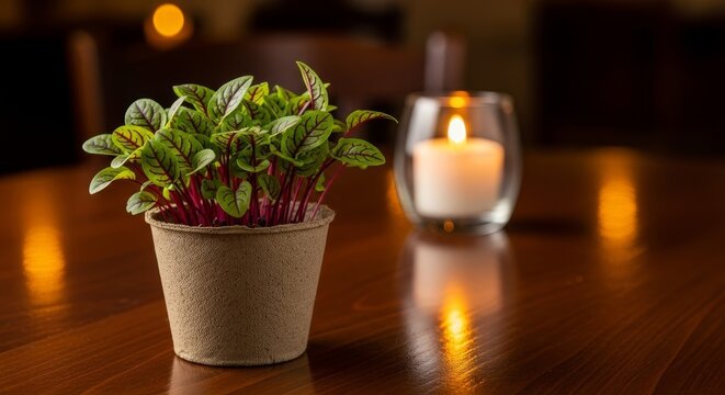 Vibrant red-veined sorrel microgreens in a pot with a glowing candle on a wooden table