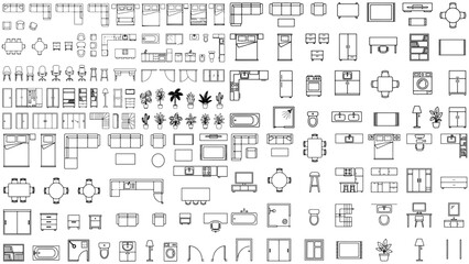 Naklejka premium Modern home interior architecture layout showing bedroom, bathroom, and living room furniture in top view floor plan blueprint drafting outline design.