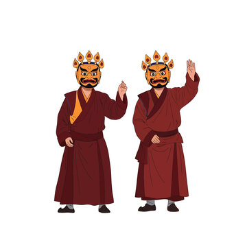 Buddhist Monks in Traditional Cham Dance Masks and Maroon Robes Vector