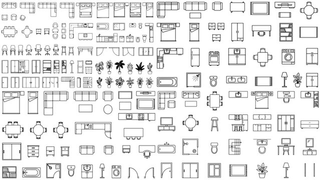 Modern home interior architecture layout showing bedroom, bathroom, and living room furniture in top view floor plan blueprint drafting outline design.