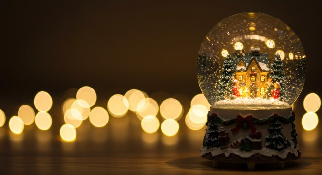 A snow globe with a house and trees inside sits on a table with lights behind it.