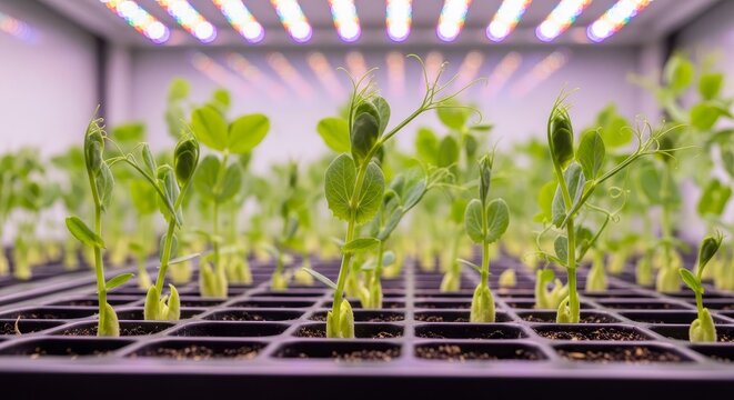 Tender Pea Shoots Unfurling Under Bright LED Grow Lights in a Controlled Agricultural Setting.
