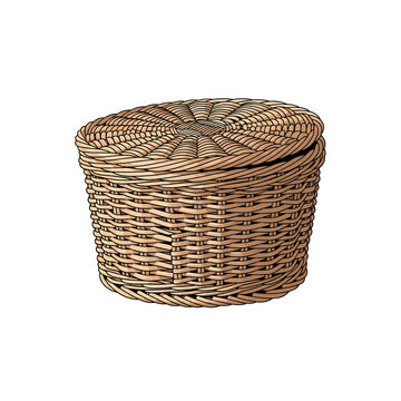 Woven wicker basket with lid illustration on white background