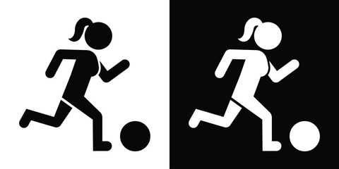 Flat vector icon of a girl running and kicking a soccer ball. Represents youth sports, female football players, and athletic competition. Clean silhouette for sports branding. © bibin