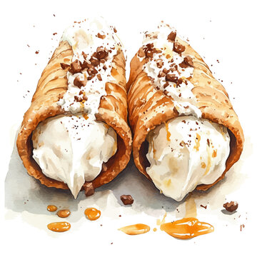 Cannoli, graceful vector watercolor painting with soft flowing strokes and subtle highlights, isolated on a white background.
