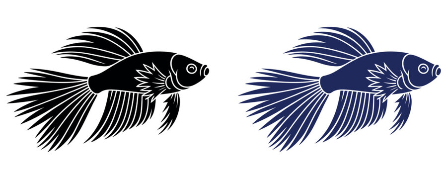 Two Siamese fighting fish, betta splendens, depicted in silhouette and outline on a white background.