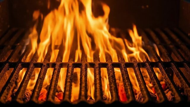 A grill with roaring flames and glowing embers, implying hot outdoor cooking.