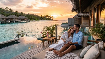 Fototapeta premium Couple seated on villa deck beside lagoon and overwater bungalows at sunset
