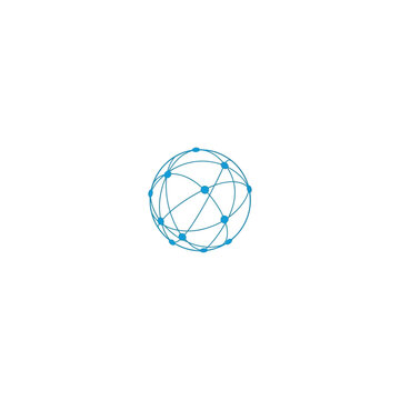 A blue globe with connected lines and dots represents global technology and communication.