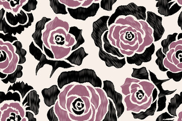 Seamless Ikat Rose Floral Pattern, Pink and Black Hand-Drawn Flowers with Scribble Embroidery Texture for Textile Design, Wallpaper, and Fashion Fabric Printing, Artistic Boho Roses Background. © supachai