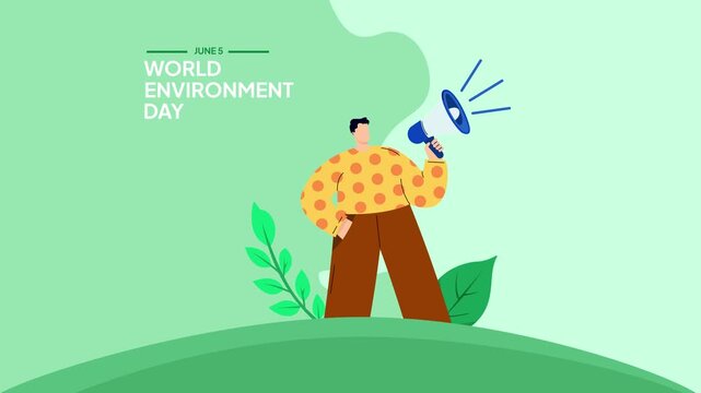 Video animation motion graphic of man speaking about environment with megaphone 2D flat cartoon stock footage 4K high quality