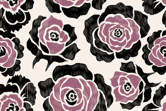 Seamless Ikat Rose Floral Pattern, Pink and Black Hand-Drawn Flowers with Scribble Embroidery Texture for Textile Design, Wallpaper, and Fashion Fabric Printing, Artistic Boho Roses Background.