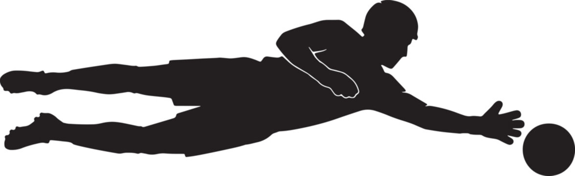 Soccer goalkeeper diving to save ball black silhouette isolated on white background for web graphics.