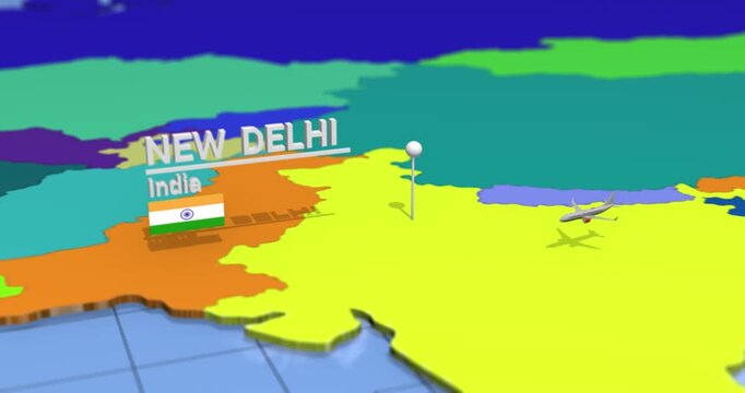 New delhi india map with pin flag airplane travel