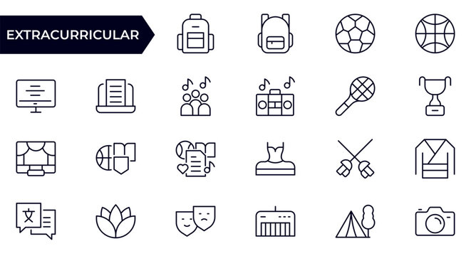 Extracurricular Activity Outline Icon Set for School Clubs, Sports, Music, Art, Student Development and Learning Programs Vector Collection