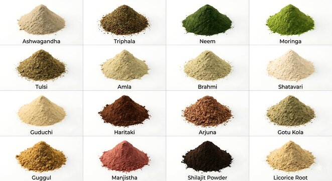 Spicy powder Herbal powders collection, ayurvedic medicine ingredients