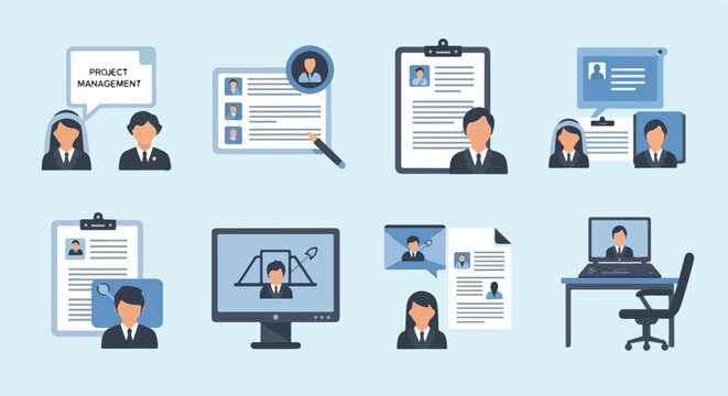 Flat-style vector icons depicting project management, recruitment processes, online interviews, and HR operations with stylized business characters.